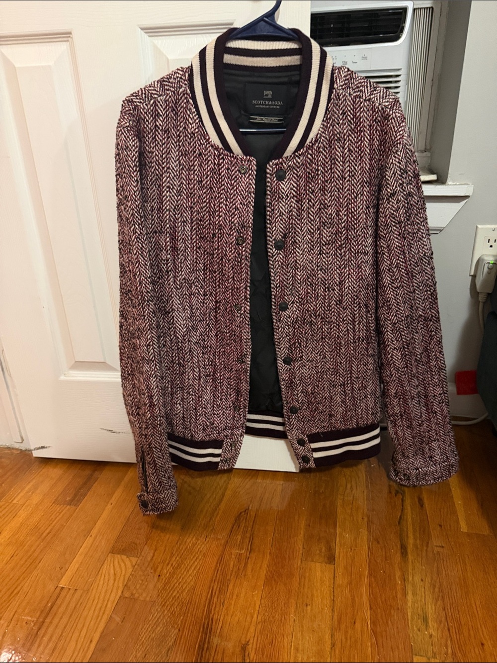 Scotch & Soda Maroon & Cream Herringbone-Style Varsity Jacket